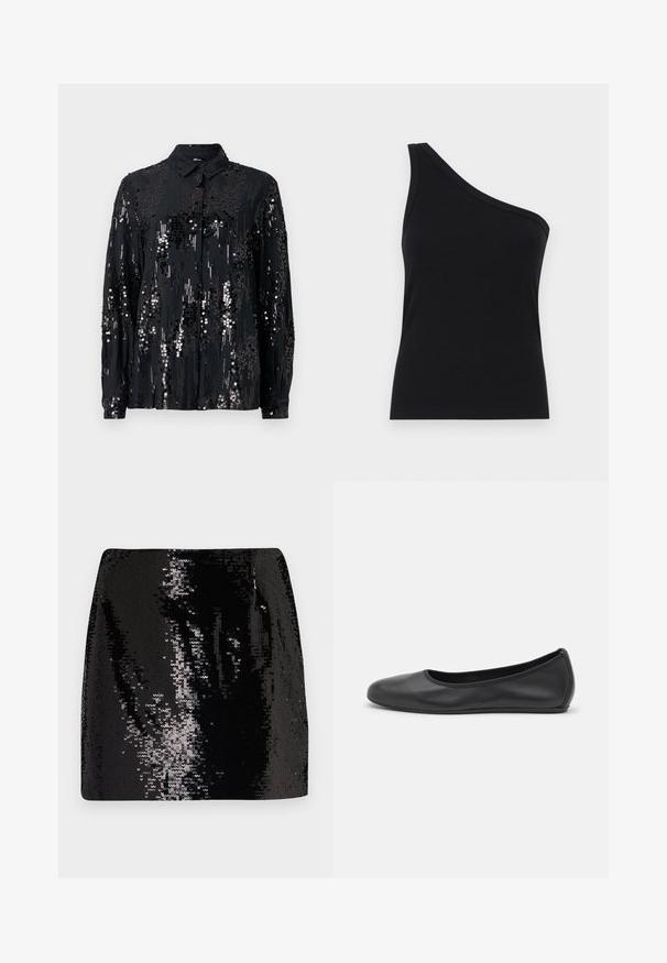 Schwarze Knopfleiste-Bluse aus mit Pailletten verziertem Stoff, mit Kragen und langen Ärmeln, die ein schimmerndes, strukturiertes Muster aufweist.; Schwarzes, geripptes Tanktop mit einem Schulterdesign, tailliert und aus einem weichen Material gefertigt. Es hat einen klaren, minimalistischen Schnitt und einen glatten Halsausschnitt.; Schwarzer Pailletten-Minirock mit tailliertem Design, hoher Taille und glänzender Textur, der reflektierende Oberflächendetails und eine schicke Silhouette aufweist.; Schwarze Leder-Ballettschuhe mit abgerundeter Spitze, glatter Textur, minimalen Nähdetails und einem flexiblen Sohlen-Design.