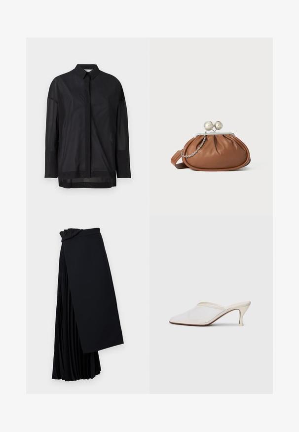 Sort langærmet skjorte med button-up krave, gennemsigtigt stof, lige snit og subtil tekstur med en frontplacket design.; Sort plisseret nederdel lavet af letvægtsstof. Har et draperet talje-design og en flydende silhuet med lagdelte plisseringer.; Hvide mesh spidse mule-sko med en slank hæl i mellem højde og slip-on design mod en ensfarvet baggrund.; Brun læder clutch-pung med sølv kugleklap og en lille sølv kædedetalje på en hvid baggrund.