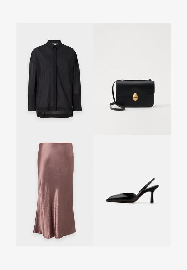 Musta pitkähiha shirt, jossa on napillinen kaulus, läpinäkyvä kangas, suora leikkaus ja hienovarainen rakenne etupaneelin muotoilulla.; Mauve-väriinen satiinimidi-hame, sileä tekstuuri, lievästi levenevä helma, yksinkertainen muotoilu ilman näkyviä suljinteita tai koristeita.; Mustasilkki slingback-korkokengät, joissa on terävä kärki, minimalistinen muotoilu, ohut nilkkaremmi ja tyylikäs stiletto-korko. Silkkinen pinta.; Musta nahkakäekott struktureeritud ristküliku kujuga. Varustatud kuldse ovaalse lukuga ja õhukese õlalindiga. Sile tekstuur.