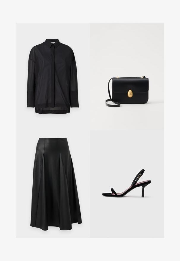 Melnas garām piedurknēm krekls ar pogojamu apkakli, caurspīdīgu audumu, taisnu piegriezumu un smalku tekstūru ar priekšējo apmali.; Melnas ādas svārki ar krokām, gludu tekstūru, vidējo garumu un pieguļošu jostasvietu. Minimālistisks stils bez redzamām furnitūrām.; Melna zamšaina sieviešu augstpapēžu sandaļi ar šaurām siksnām un zeltītu sprādzi uz baltā fona, sānu skats.; Melnas ādas rokassomu ar strukturētu taisnstūra formu. Iespējas zelta ovāla slēdzis un plāns plecu siksna. Gluda tekstūra.