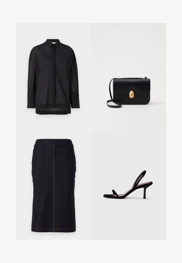Zwarte langemouwen shirt met een knopsluiting kraag, doorschijnende stof, rechte snit en subtiele textuur met een voorpasontwerp.; Donkerblauwe denim kokerrok met een rechte snit en zijsplitten, voorzien van contrasterende oranje stiksels langs de naden. Elastische tailleband voor comfort.; Zwarte suede dames hooggehakte sandaal met smalle bandjes en een gouden gesp op een witte achtergrond, zijaanzicht.; Zwarte leren handtas met een gestructureerde rechthoekige vorm. Voorzien van een gouden ovale sluiting en een dunne schouderband. Glad van textuur.