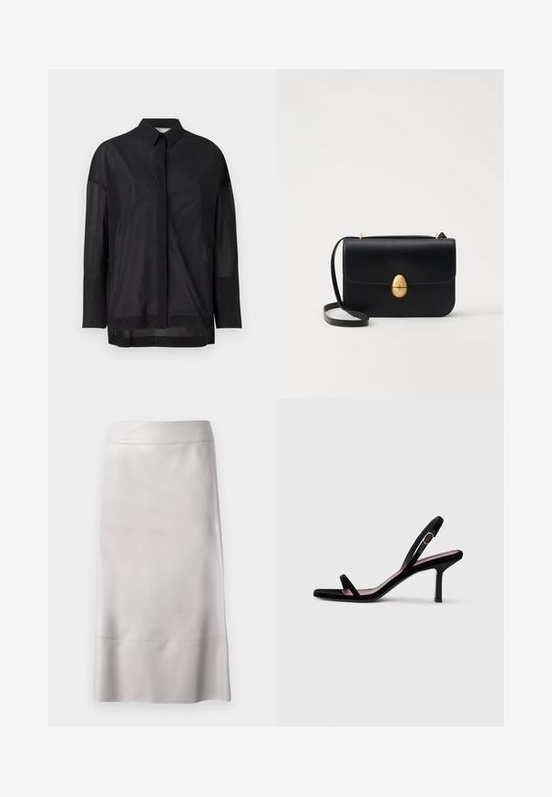 Black long-sleeve shirt featuring a button-up collar, sheer fabric, straight cut, and subtle texture with a front placket design.; Light gray pencil skirt made of smooth fabric, featuring a slim fit, clean lines, and a knee-length hem with a subtle seam detail.; Black suede women's high-heeled sandal with slim straps and a gold buckle on a white background, side view.; Black leather handbag with a structured rectangular shape. Features a golden oval clasp and a thin shoulder strap. Smooth texture.
