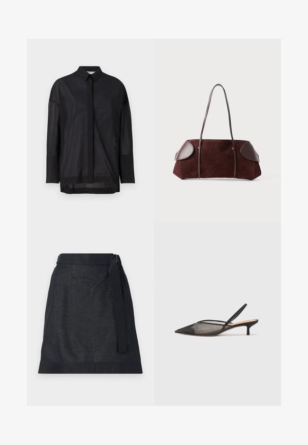 Black long-sleeve shirt featuring a button-up collar, sheer fabric, straight cut, and subtle texture with a front placket design.; Dark linen wrap skirt with a straight cut, featuring a waist tie and subtle texture. No visible patterns or hardware details.; NEOUS IRENA - Classic heels - black; Brown suede bag with leather accents, structured shape, dual shoulder straps, and rounded edges, featuring a smooth texture and minimal hardware.