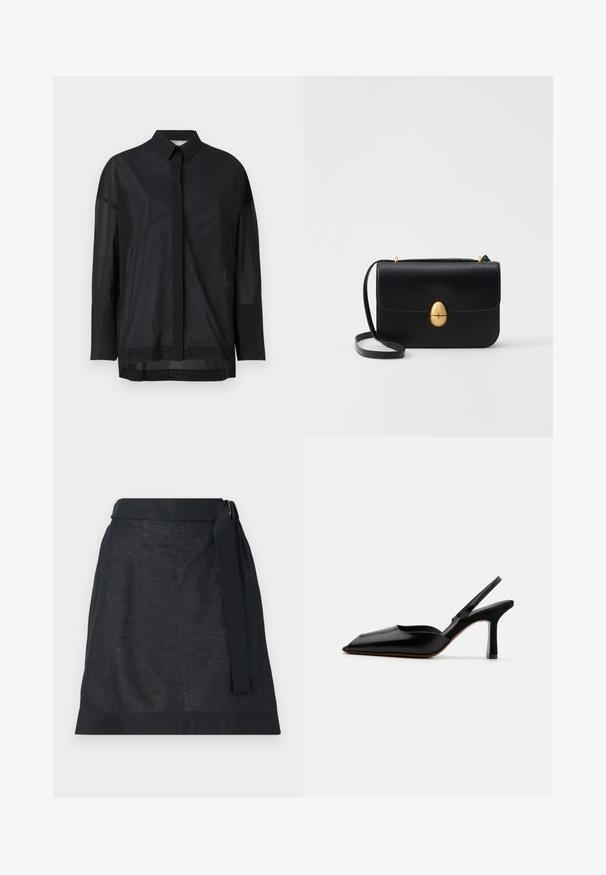 Melnas garām piedurknēm krekls ar pogojamu apkakli, caurspīdīgu audumu, taisnu piegriezumu un smalku tekstūru ar priekšējo apmali.; Tumšs lina apvērto svārku ar taisnu griezumu, ar vidukļa saitēm un smalku tekstūru. Nav redzamu rakstu vai metāla detaļu.; Melnas ādas slingback kurpes ar norādītu purngalu, minimālisma dizainu, plānu potītes jostu un elegantām stiletto papēžiem. Gluda tekstūra.; Melnas ādas rokassomu ar strukturētu taisnstūra formu. Iespējas zelta ovāla slēdzis un plāns plecu siksna. Gluda tekstūra.