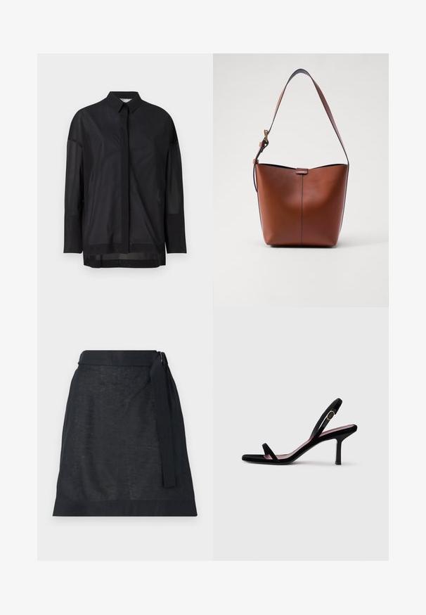 Sort langærmet skjorte med button-up krave, gennemsigtigt stof, lige snit og subtil tekstur med en frontplacket design.; Mørk linned wrap-nederdel med lige snit, der har et taljebånd og en subtil tekstur. Ingen synlige mønstre eller hardware-detaljer.; Sorte ruskind højhælede sandaler til kvinder med slanke stropper og en guldbuckle på hvid baggrund, set fra siden.; Brun læder skuldertaske med en buet form, glat tekstur og en enkelt tynd rem. Har en diskret søm og et lille logodesign.