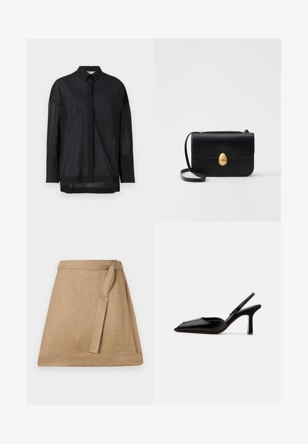 Čierna košeľa s dlhým rukávom, ktorá má golier na zapínanie, priesvitnú látku, rovný strih a jemnú textúru s dizajnom predného zapínania.; Béžová ľanová sukňa s mierne A-čkovým strihom, so bočným viazaním a detailom pracky, hladkou textúrou a čistým lemovaním.; Čierne kožené sandále na podpätku s špicatou špičkou, minimalistický dizajn, tenký remienok okolo členka a elegantný stiletto podpätok. Hladká textúra.; Čierna kožená kabelka so štruktúrovaným obdĺžnikovým tvarom. Obsahuje zlaté oválne zapínanie a tenký ramenný popruh. Hladká textura.