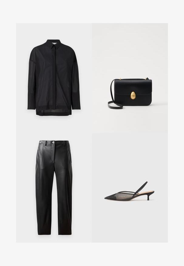 Must musternakk, millel on nööpidega krae, läbipaistev kangas, sirge lõige ja peen tekstuur koos esipaneeli disainiga.; Mustad nahkpüksid siledast tekstuurist, mis on varustatud ees olevate taskutega, luku ja sobiva lõikega. Küljel on peened õmblused.; NEOUS IRENA - Klassikalised kontsakingad - black; Must kase nahast käekott, millel on struktureeritud ristkülikukujuline kuju. Omab kuldset ovaalset lukku ja õhukest õlavarre rihma. Sile tekstuur.