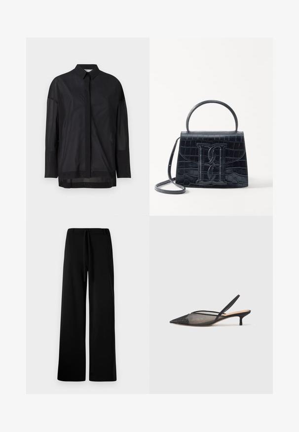 Cămașă neagră cu mâneci lungi, având un guler cu nasturi, material transparent, croială dreaptă și o textură subtilă, cu un design al plăcii frontale.; Pantaloni negri cu picioare largi, confecționați dintr-un material moale, având un brâu cu șnur, textură fină și fără buzunare sau modele vizibile.; NEOUS IRENA - Pantofi clasici cu toc - black; Geantă din piele cu model de crocodil negru, cu un design structurat, mână superioară, curea ajustabilă și un detaliu proeminent cu logo pe față.