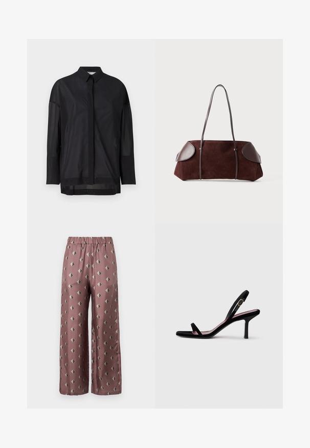 Chemise noire à manches longues avec col à bouton, en tissu transparent, coupe droite, texture subtile et design de patte de boutonnage à l'avant.; MM by MaxMara BOA - Pantalon classique - mauve; Une sandale à talons hauts pour femmes en daim noir avec des lanières fines et une boucle dorée sur fond blanc, vue de côté.; Sac en daim marron avec des accents en cuir, forme structurée, double poignées, bords arrondis, présentant une texture lisse et un matériel minimal.