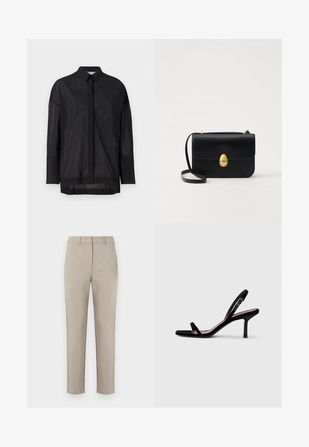 Čierna košeľa s dlhým rukávom, ktorá má golier na zapínanie, priesvitnú látku, rovný strih a jemnú textúru s dizajnom predného zapínania.; MM by MaxMara EFFETTO - Nohavice - sand; Čierne semišové dámske sandále na vysokom opätku s tenkými popruhmi a zlatou prackou na bielom pozadí, bočný pohľad.; Čierna kožená kabelka so štruktúrovaným obdĺžnikovým tvarom. Obsahuje zlaté oválne zapínanie a tenký ramenný popruh. Hladká textura.