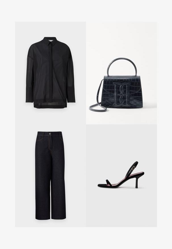 Black long-sleeve shirt featuring a button-up collar, sheer fabric, straight cut, and subtle texture with a front placket design.; Dark denim wide-leg trousers feature a high waist, contrasting orange stitching, front pockets, and a front button fastening.; Black suede women's high-heeled sandal with slim straps and a gold buckle on a white background, side view.; Black crocodile-embossed leather handbag with a structured design, top handle, adjustable strap, and a prominent front logo detail.