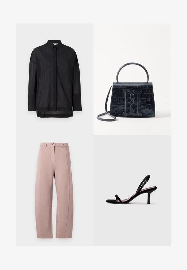 Cămașă neagră cu mâneci lungi, având un guler cu nasturi, material transparent, croială dreaptă și o textură subtilă, cu un design al plăcii frontale.; Pantaloni dintr-un material moale, de culoare roz deschis, cu croială dreaptă, având fermoar în față, închidere cu nasture și buzunare laterale. Textură netedă cu detalii de cusătură.; Sandală pentru femei cu toc înalt, din suede negru, cu bretele subțiri și un cataramă aurie, pe un fundal alb, văzută din lateral.; Geantă din piele cu model de crocodil negru, cu un design structurat, mână superioară, curea ajustabilă și un detaliu proeminent cu logo pe față.