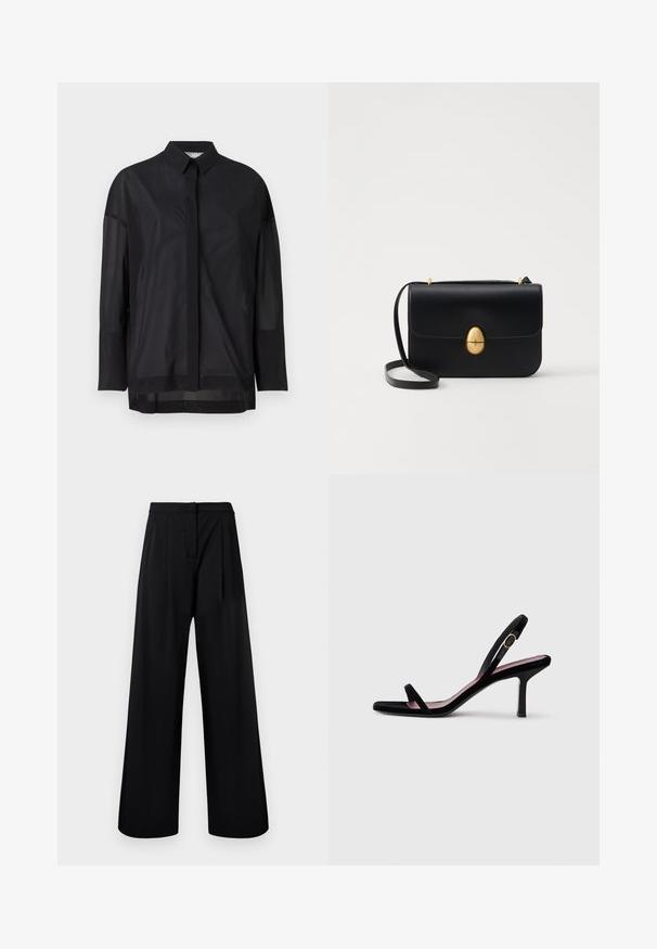 Černá košile s dlouhými rukávy, která má límeček na knoflíky, průhlednou látku, rovný střih a jemnou texturu s návrhem předního límce.; Černé široké kalhoty vyrobené z hladké tkaniny, s vysokým pasem a sklady. Žádné viditelné ozdoby nebo vzory.; Černé semišové dámské sandály na vysokém podpatku s úzkými popruhy a zlatou sponou na bílém pozadí, boční pohled.; Černá kožená kabelka se strukturovaným obdélníkovým tvarem. Obsahuje zlatou oválnou sponu a tenký ramenní popruh. Hladký povrch.