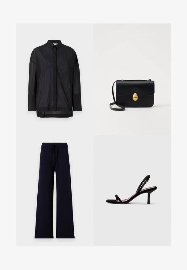 Černá košile s dlouhými rukávy, která má límeček na knoflíky, průhlednou látku, rovný střih a jemnou texturu s návrhem předního límce.; Námořnické modré kalhoty s širokými nohavicemi, nastavitelné na šňůrku v pase a s manžetami, vystavené na bílém pozadí.; Černé semišové dámské sandály na vysokém podpatku s úzkými popruhy a zlatou sponou na bílém pozadí, boční pohled.; Černá kožená kabelka se strukturovaným obdélníkovým tvarem. Obsahuje zlatou oválnou sponu a tenký ramenní popruh. Hladký povrch.