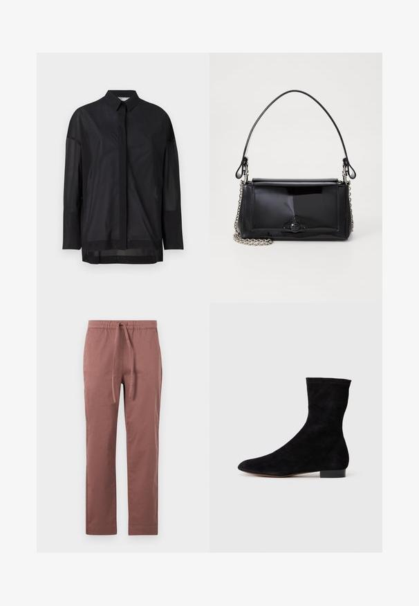 Black long-sleeve shirt featuring a button-up collar, sheer fabric, straight cut, and subtle texture with a front placket design.; Brown cotton blend trousers with an elastic waistband and drawstring. Straight leg design with side pockets, smooth texture, and no visible patterns.; Black suede ankle boot with a fitted shaft, pointed toe, and a low block heel. Smooth texture and minimalistic design, suitable for versatile styling.; Black patent leather handbag with a rectangular shape, chain strap, and a distinctive hardware accent in the center. Smooth texture.