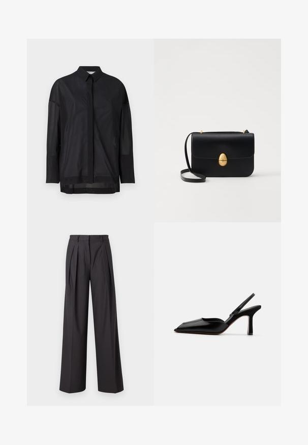 Cămașă neagră cu mâneci lungi, având un guler cu nasturi, material transparent, croială dreaptă și o textură subtilă, cu un design al plăcii frontale.; Pantaloni cu picioare largi dintr-un material gri închis, care prezintă pliseuri frontale, o textură netedă, o talie medie și bucle pentru curea.; Sandale din piele neagră cu toc, cu vârf ascuțit, design minimalist, curea subțire la gleznă și toc subțire elegant. Textură netedă.; Geantă de mână din piele neagră, cu o formă rectangulară structurată. Are un capac oval auriu și o curea subțire pentru umăr. Textură netedă.