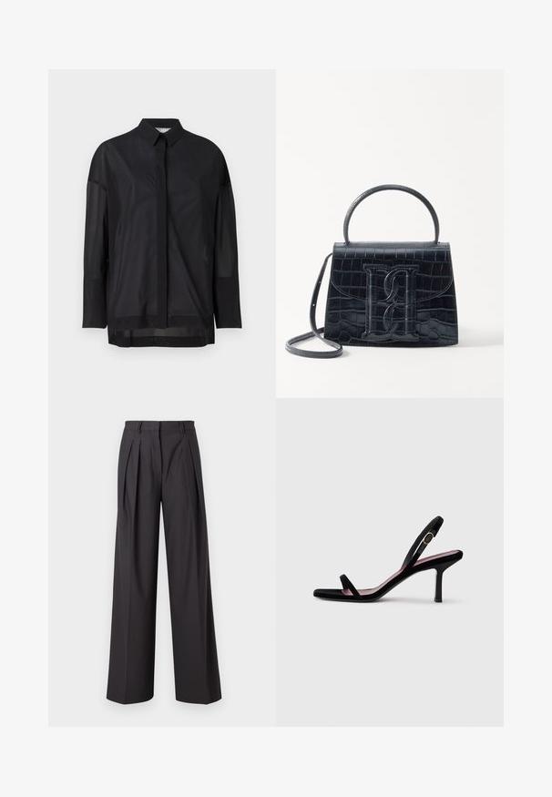 Schwarzes Langarmshirt mit Knopfkragen, transparenter Stoff, gerader Schnitt und subtiler Textur sowie einem frontalen Knopfdesign.; Hellebeine Hosen aus dunkelgrauem Stoff, mit Vorderfalten, glatter Textur, mittelhohem Bund und Gürtelschlaufen.; Schwarze Wildleder-Damen-Sandaletten mit hohen Absätzen, schmalen Riemen und einer goldfarbenen Schnalle vor weißem Hintergrund, seitliche Ansicht.; Schwarze Handtasche aus Krokodilprägung mit strukturiertem Design, Oberhandgriff, verstellbarem Tragegurt und einem auffälligen Logo-Detail auf der Vorderseite.