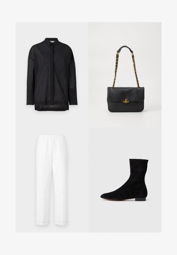 Camicia nera a maniche lunghe con colletto a bottoni, tessuto trasparente, taglio dritto e una sottile texture, caratterizzata da un design con pattina frontale.; Pantaloni bianchi con una vita elasticizzata, taglio dritto e dettagli di cucitura discreti all'orlo. Realizzati in un tessuto leggero e traspirante.; Stivale alla caviglia in suede nero con gambale aderente, punta affusolata e tacco a blocco basso. Texture liscia e design minimalista, adatto per uno stile versatile.; Borsa a tracolla nera in pelle con pattina pieghevole, tracolla in catena dorata e dettaglio con logo sul davanti. Texture liscia.