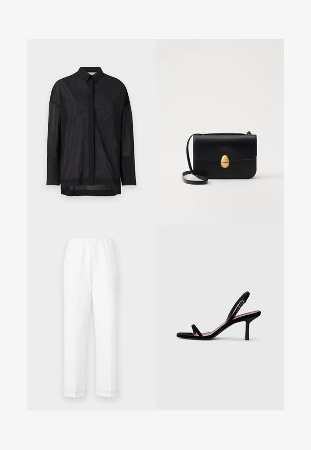 Black long-sleeve shirt featuring a button-up collar, sheer fabric, straight cut, and subtle texture with a front placket design.; White pants with an elastic waistband, straight cut, and subtle stitching detail at the hem. Made from a lightweight, breathable fabric.; Black suede women's high-heeled sandal with slim straps and a gold buckle on a white background, side view.; Black leather handbag with a structured rectangular shape. Features a golden oval clasp and a thin shoulder strap. Smooth texture.