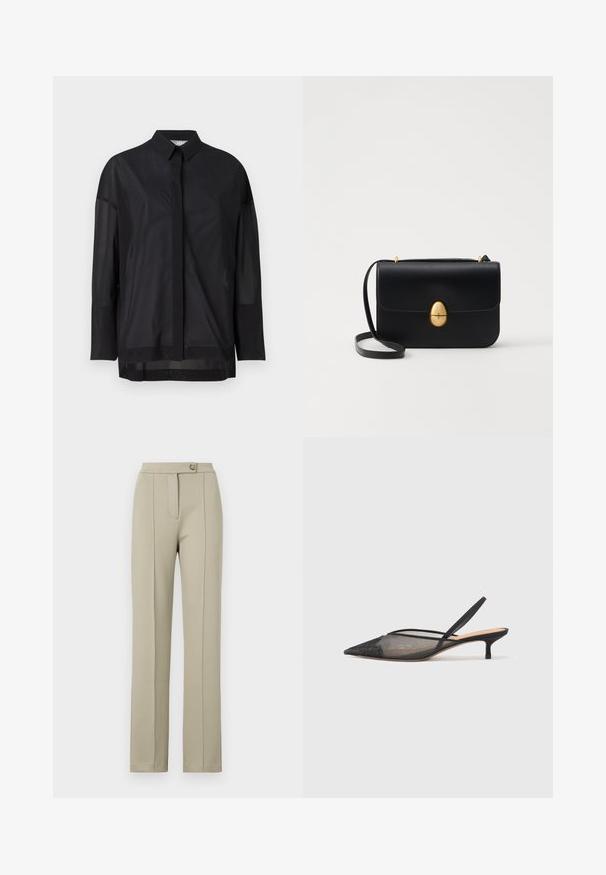 Cămașă neagră cu mâneci lungi, având un guler cu nasturi, material transparent, croială dreaptă și o textură subtilă, cu un design al plăcii frontale.; Pantaloni bej, croiți pe măsură, cu o siluetă dreaptă, având un fermoar la față, o închidere cu un singur nasture și pliuri fine presate pe picioarele din față.; NEOUS IRENA - Pantofi clasici cu toc - black; Geantă de mână din piele neagră, cu o formă rectangulară structurată. Are un capac oval auriu și o curea subțire pentru umăr. Textură netedă.