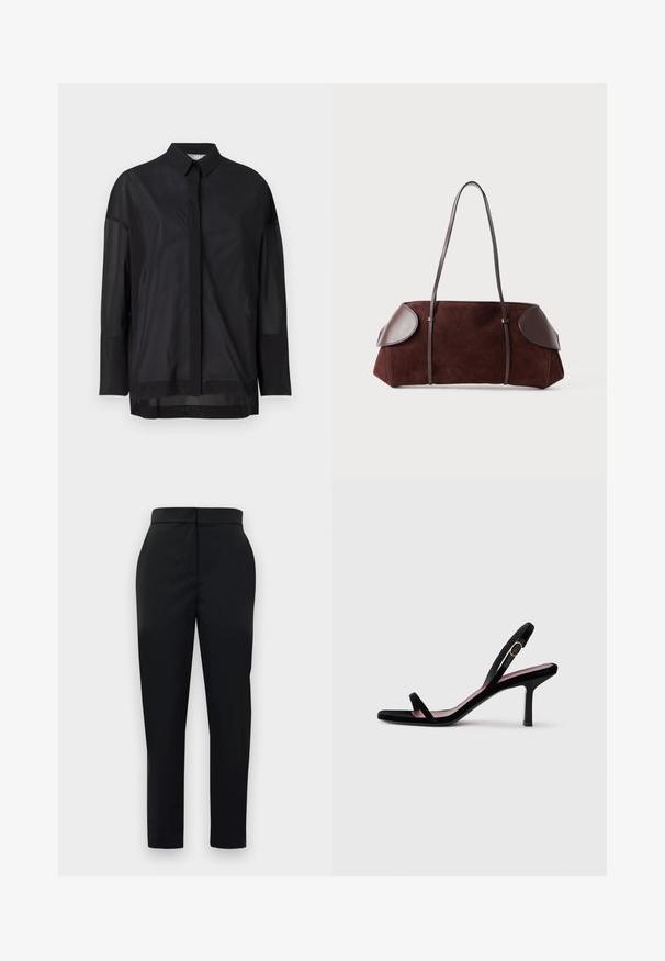 Schwarzes Langarmshirt mit Knopfkragen, transparenter Stoff, gerader Schnitt und subtiler Textur sowie einem frontalen Knopfdesign.; Schwarze, maßgeschneiderte Hosen mit glatter Textur, geradem Schnitt und Reißverschluss vorne. Sie verfügen über ein minimalistisches Design und klare Linien.; Schwarze Wildleder-Damen-Sandaletten mit hohen Absätzen, schmalen Riemen und einer goldfarbenen Schnalle vor weißem Hintergrund, seitliche Ansicht.; Braune Wildledertasche mit Lederakzenten, strukturiertem Design, doppelten Schulterriemen und abgerundeten Kanten, ausgestattet mit einer glatten Textur und minimalem Hardware.