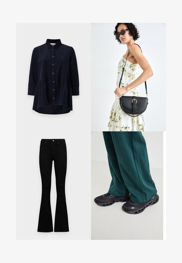 Camisa de pana azul marino con botón en la parte delantera, cuello y mangas tres cuartos. Presenta un dobladillo tipo peplum con fruncido y una textura suave.; Jeans negros de cintura alta con cierre de botón y cremallera, bolsillos frontales y piernas acampanadas, dispuestos sobre un fondo blanco.; Zapatillas deportivas negras con parte superior de malla, que cuentan con una suela acolchada y cortes únicos. Combinadas con pantalones de chándal verdes holgados.; Bolso de piel negra con forma curva, correa desmontable y herrajes dorados. El bolso cuenta con una solapa con un detalle de hebilla.