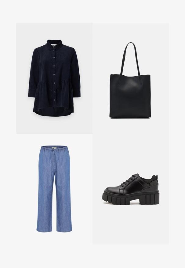 Navy corduroy shirt with a button-up front, collar, and three-quarter sleeves. Features a peplum-style gathered hem and soft texture.; Light blue, wide-leg pants made of soft denim fabric. Features an elastic waistband with a drawstring and cuffed hems.; Black leather platform shoes with a chunky block heel, round toe, and traditional lace-up design. Features smooth texture and minimal detailing.; Black leather tote bag with smooth texture, rectangular shape, and two long handles. No visible hardware or embellishments.