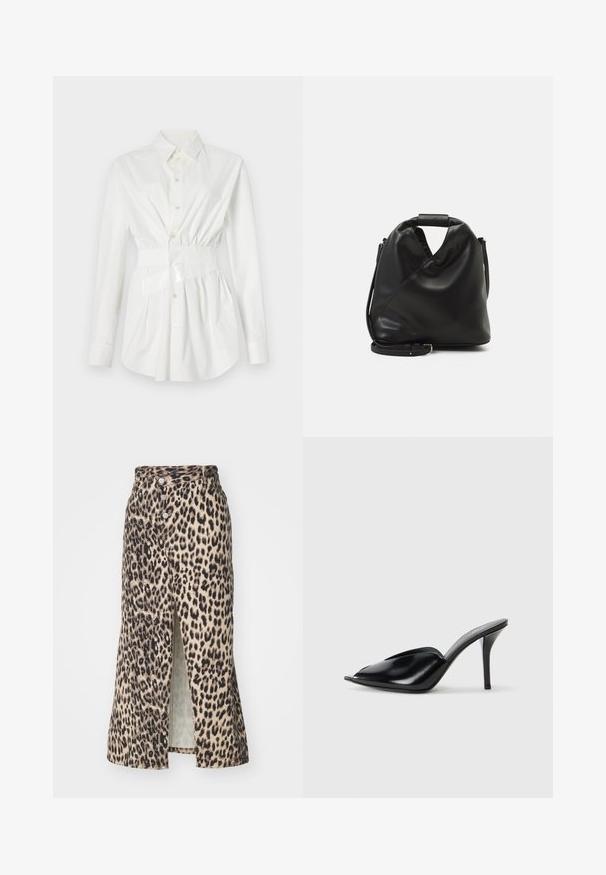 Valkoinen nappipaita pitkät hihat, vyötärön yksityiskohta istuvana ja kiiltävä vyökoriste. Valmistettu sileästä, kevyestä kankaasta.; Midi hame leopardikuvioilla, joka on valmistettu pehmeästä kankaasta. Hameessa on etuhalkio, napitus ja istuva vyötärö, neutraaleissa sävyissä mustilla yksityiskohdilla.; Musta nahkainen korkeakorkoinen mules-malli, avoimella varpaalla, terävä muotoilu, sileä pinta ja kapea stilettokorko.; Mustan, pehmeän nahkabagin ainutlaatuinen kierretty muotoilu. Varustettu lyhyellä kahvalla ja irrotettavalla olkahihnalla. Minimalistinen tyyli.