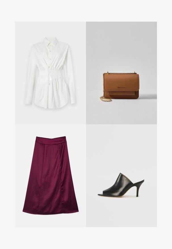 Bela srajca z dolgimi rokavi, prilegajočim pasom in sijočim pasom. Izdelana iz gladkega, lahkega materiala.; Burgundska satenska A-linijska krila z gladko teksturo, ki ima subtilen sijaj, visok pas in zadrgo na hrbtni strani.; Črne usnjene mule z odprtim prstom, z elegantno, ukrivljeno zasnovo, visokim stiletto peto in gladko teksturo. Notranjost je v kontrastni svetli barvi.; Rjava teksturirana usnjena torba čez ramo z zlatim verižnim trakom in zapiranjem na pokrov. Spredaj je vidna podrobnost logotipa in žep pod pokrovom.