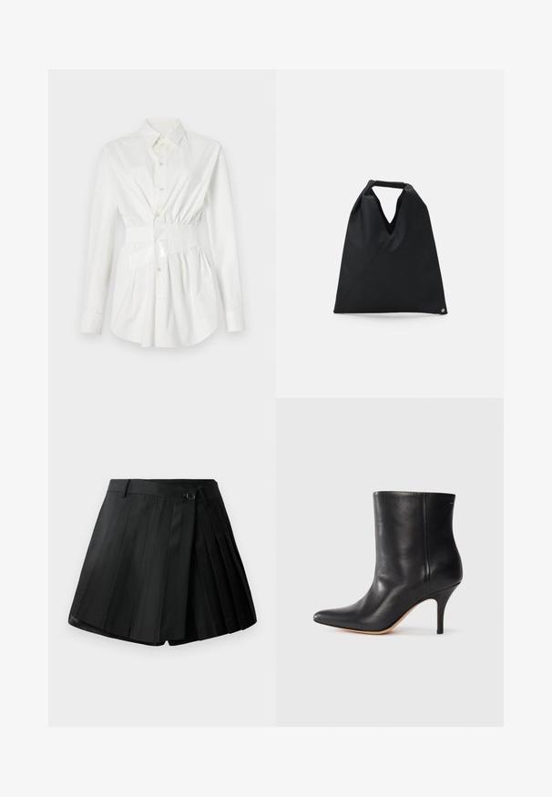 Witte overhemd met lange mouwen, een getailleerde taille detail en een glanzende riemaccent. Gemaakt van glad, lichtgewicht materiaal.; Zwarte geplooide shorts met een vlakke voorkant, knoopsluiting en lichtgewicht stof. Gedetailleerd met scherpe plooien en een nette zoom.; Zwarte leren enkelboot met puntige neus, slanke stilettohak en een gladde textuur. Minimalistisch ontwerp zonder zichtbare hardware of accenten.; MM6 Maison Margiela SMALL JAPANESE - Shopper - black