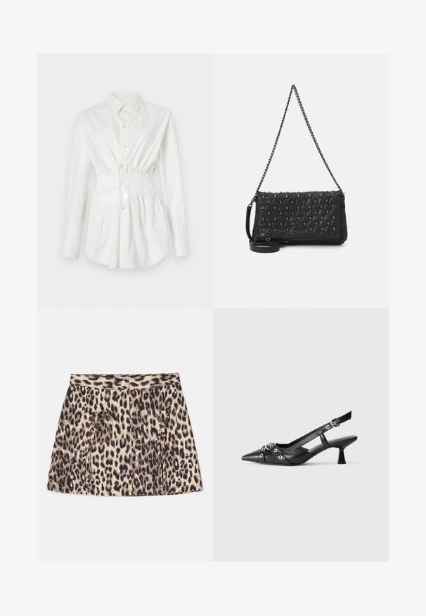 Valge nööpidega särk pikade varrukatega, kitsa talje detailiga ja läikiva vöökinnitusega. Valmistatud siledast, kergekaalulisest kangast.; Leopardimustriga teksaseelik, millel on kõrge vöökohaga, ees nööbiga kinnitamine ja kaks küljetaskut stringide detailidega.; Must must have must toote tõmblukuga, dekoratiivsed rihmad metallist silmadega ja madal blokk-kand. Tekstureeritud pind.; Must mustriga nahkrahakott ketistriapi ja luustikute aksessuaaridega, mis sisaldab tõmblukku. Tekstureeritud pind läikiva viimistlusega.