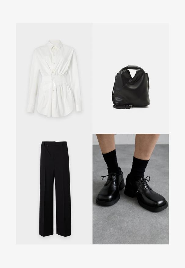 White button-up shirt with long sleeves, a fitted waist detail, and a glossy belt accent. Made from smooth, lightweight fabric.; Black wide-leg trousers with a flat front, button closure, and smooth fabric texture. Features a straight cut and crisp lines.; MIISTA ALTHEA BROGUES - Lace-ups - black; Black, soft leather bag with a unique twisted design. Features a short handle and a detachable shoulder strap. Minimalist style.