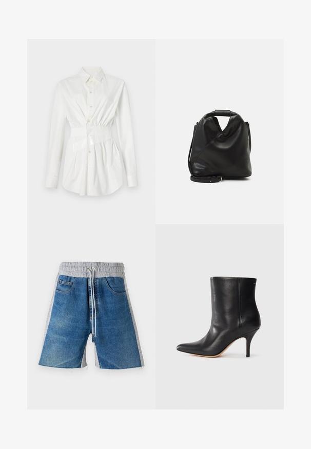 Vit skjorta med långa ärmar, en figursydd midjedetalj och en blank bältesaccent. Tillverkad av mjukt, lättviktigt tyg.; Jeansshorts med ett grått elastiskt midjeband, med en dragsko. Designen inkluderar sidofickor och en färgblockerad stil.; Svart läderankelboot med spetsig tå, smal stilettklack och slät yta. Minimalistisk design utan synlig hårdvara eller dekorationer.; Svart, mjukt läderhandtag med en unik vriden design. Har ett kort handtag och ett avtagbart axelband. Minimalistisk stil.