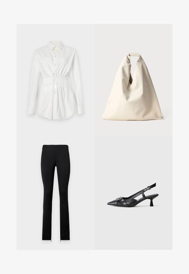Weißes Hemd mit Knopfleiste, langen Ärmeln, einer taillierten Details und einem glänzenden Gürtelakzent. Hergestellt aus glattem, leichtem Stoff.; Schwarze, figurbetonte Leggings mit glatter Textur, ausgestattet mit einer hohen Taille und Reißverschlüssen an den Knöcheln für einfaches An- und Ausziehen. Schlichtes, minimalistisches Design.; Schwarzer Leder-Slingback-Schuh mit spitz zulaufender Zehenpartie, dekorativen Riemen mit METALLÖSEN und niedrigem Blockabsatz. Strukturelle Oberfläche.; Beige, weich strukturierte Tasche mit einem einzigartigen gedrehten Griff und schrägen Nahtdetails. Minimalistisches Design mit einem runden Akzent am Boden.