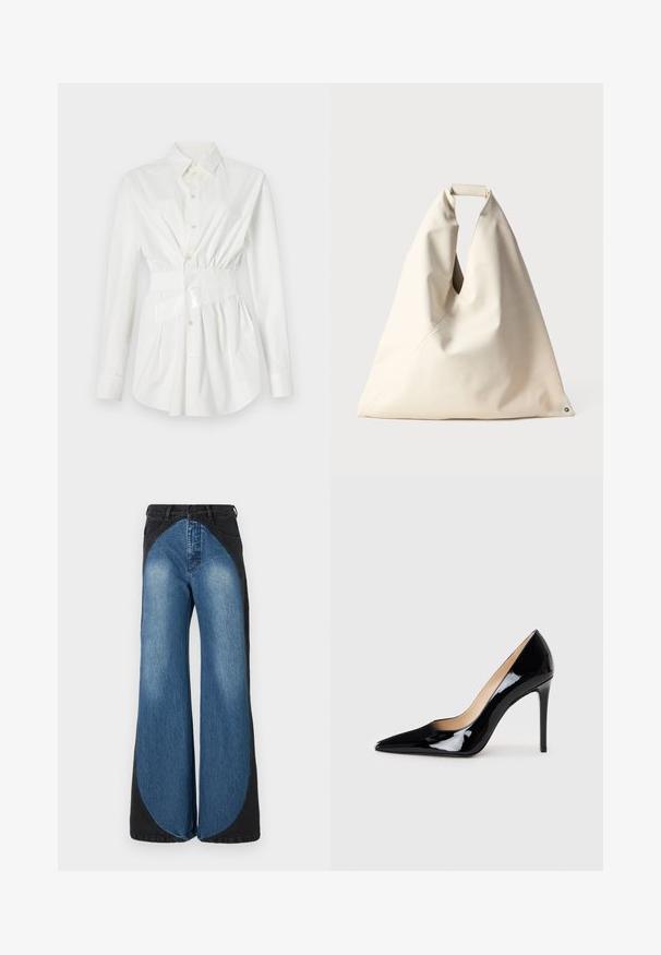 Bijela košulja na dugim rukavima s prilagođenim strukom i sjajnim akcentom u obliku remena. Izrađena od glatkog, laganog materijala.; Traperice širokog kroja s visokim strukom, izrađene od kombinacije svijetlog i tamnog denima. Opozan dizajn stvara karakteristična zakrivljena bočna panela.; Crne lakirane kožne štikle s dizajnom ušiljenog nosa i elegantnom siluetom. Imaju glatku, sjajnu završnu obradu i vitak stiletto potplat.; Bež torba meke teksture s jedinstvenom uvijenom ručkom i dijagonalnim šavom. Minimalistički dizajn s okruglim detaljem na dnu.