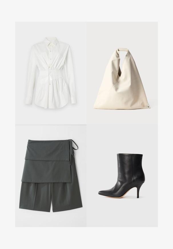 Camisa blanca de botones con mangas largas, detalle de cintura ajustada y un acento de cinturón brillante. Fabricada con una tela suave y ligera.; Pantalones cortos unisex de color gris oscuro con un diseño en capas, que presentan un panel superior y lazos en los lados. Fabricados en una tela suave y ligera.; Botín de cuero negro con punta afilada, tacón de aguja delgado y textura lisa. Diseño minimalista sin hardware o acentos visibles.; Bolso beige de textura suave con un exclusivo asa retorcida y detalle de costura diagonal. Diseño minimalista con un acento redondeado en la base.