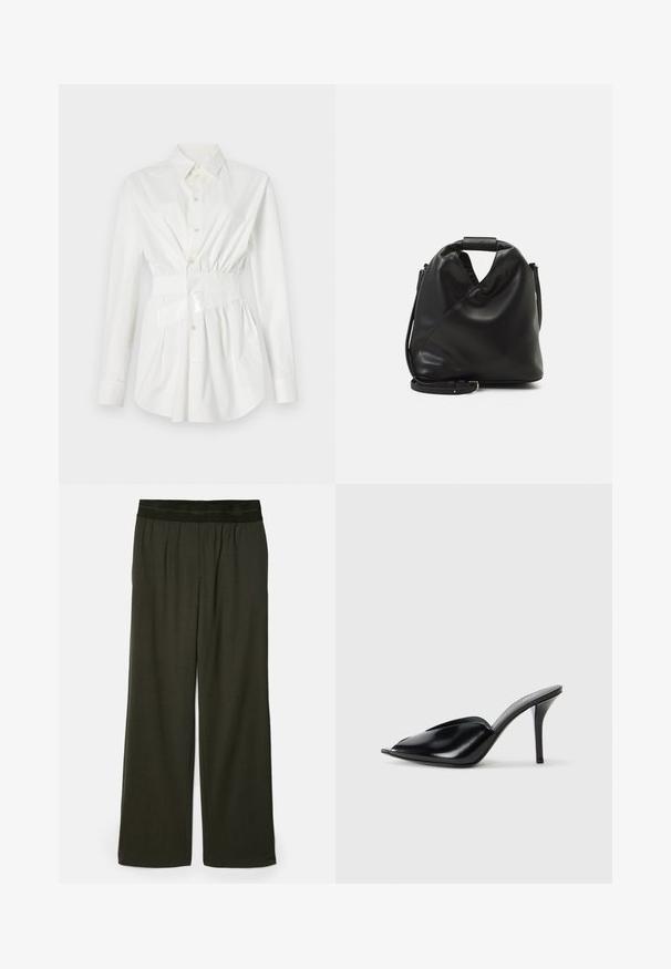 White button-up shirt with long sleeves, a fitted waist detail, and a glossy belt accent. Made from smooth, lightweight fabric.; Dark green wide-leg trousers with a smooth texture, elastic waistband, and no visible patterns or accents.; Black leather high-heeled mules with an open toe, pointed design, smooth texture, and a slim stiletto heel.; Black, soft leather bag with a unique twisted design. Features a short handle and a detachable shoulder strap. Minimalist style.