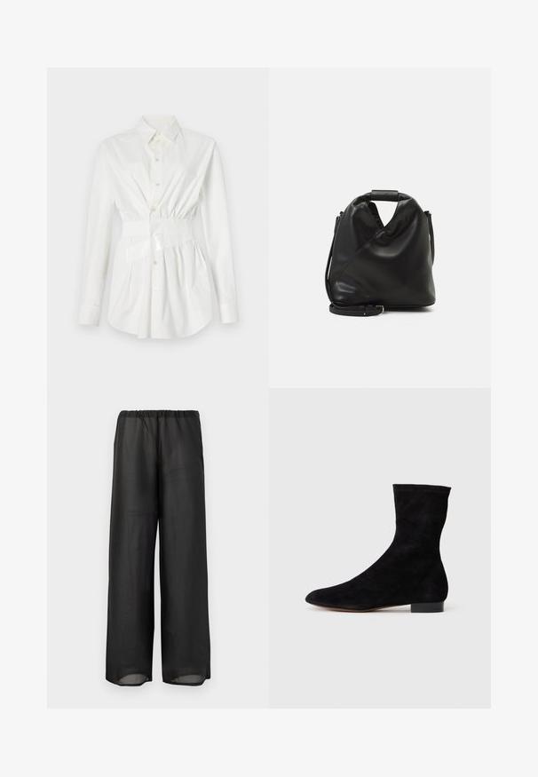 Fehér, hosszú ujjú ing, fitted derék részlet és fényes öv akcentussal. Simább, könnyű anyagból készült.; Fekete, bő szárú nadrág könnyű, félig átlátszó anyagból, rugalmas derékrésszel. A dizájn laza és elegáns sziluettet kínál.; Fekete velúr bokacsizma, illeszkedő szárral, hegyes orral és alacsony blokk sarokkal. Simább felület és minimalista dizájn, amely sokoldalú stílushoz megfelelő.; Fekete, puha bőr táska egyedi csavaros dizájnnal. Rövid fogantyúval és levehető vállpánttal rendelkezik. Minimalista stílusú.