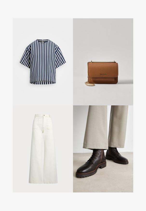Striped short-sleeve top in navy and white, with a round neckline and a loose fit. The fabric has a slightly textured appearance.; Wide-leg jeans in off-white denim. High-waisted design with a button closure, two front pockets, and contrast stitching details.; Dark brown leather boots with a textured finish, featuring lace-up design, round toe, and rugged rubber soles. Complemented by contrasting stitching.; Brown textured leather crossbody bag with gold chain strap and flap closure. Front features logo detail and a pocket under the flap.
