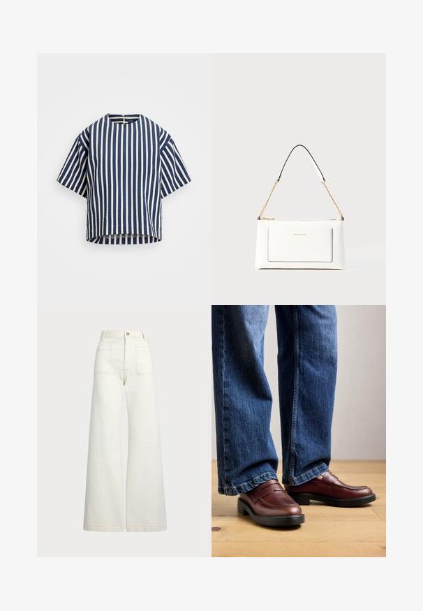Stripet kortermet topp i marineblått og hvitt, med rund hals og løs passform. Stoffet har en lett strukturert overflate.; Vidde bukser i off-white denim. Høyt liv-design med knappelukking, to frontlommer og kontrastsøm detaljer.; Person som har på seg brune skinnloafers og blå jeans, står på et tregulv mot en nøytral bakgrunn.; Hvit lærveske med teksturert overflate, utstyrt med gullkjede for å bære over skulderen og svarte detaljer. Inkluderer en frontlomme og glidelås.