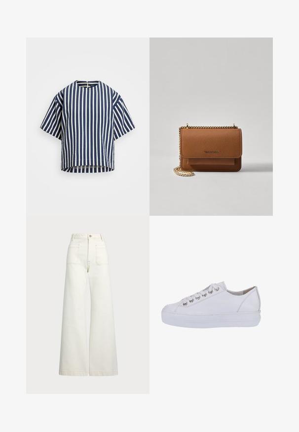 Csíkos, rövid ujjú felső tengerészkék és fehér színekben, kerek nyakkivágással és lazán illeszkedő fazonnal. Az anyagnak enyhén texturált megjelenése van.; Széles szárú farmernadrág off-white denim anyagból. Magas derekú dizájn, gombos záródással, két elülső zsebbel és kontrasztos varrási részletekkel.; Fehér bőr sportcipők sima textúrával, kerek orral és kiemelkedő fehér talppal. Ezüst fémlyukakkal és lapos fűzőkkel rendelkezik.; Barna textúrájú bőr keresztbody táska arany lánc pánttal és fedélzárral. Az elején logó részlet és egy zseb található a fedél alatt.