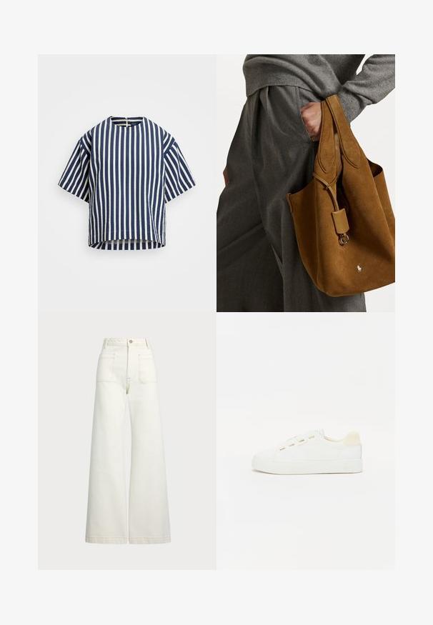 Ribade lühikeste varrukatega tipp tumesinises ja valges, ümar kaelus ja lõdva istuvusega. Kangas on kergelt tekstuuriga.; Laiad teksad heledast denimist. Kõrge vöökoht, nööbivöö, kaks esikotitäit ja kontrastsed õmblused.; Valge tenniseking, millel on kangast ülemine osa, ümmargune varvas ja lame kummitald. Omab kuldseid niidikohti ja heledat beeži kandmisel.; Pruunist nubukist ostukott ümar kuju, topeltkäepidemed ja metallist detail. Ees on väike logo.