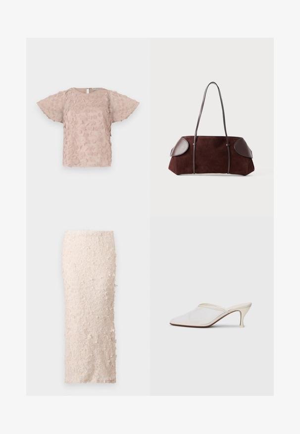 Blouse rose brodée avec des motifs floraux, manches courtes à volants et fermeture au dos en trou de serrure. Tissu doux et texturé.; Jupe crayon crème en dentelle avec des appliqués floraux. Le design est ajusté, présentant une texture lisse et des embellissements détaillés.; Mule blanches en mesh avec un bout pointu, un talon moyen élancé et un design à enfiler, sur un fond uni.; Sac en daim marron avec des accents en cuir, forme structurée, double poignées, bords arrondis, présentant une texture lisse et un matériel minimal.