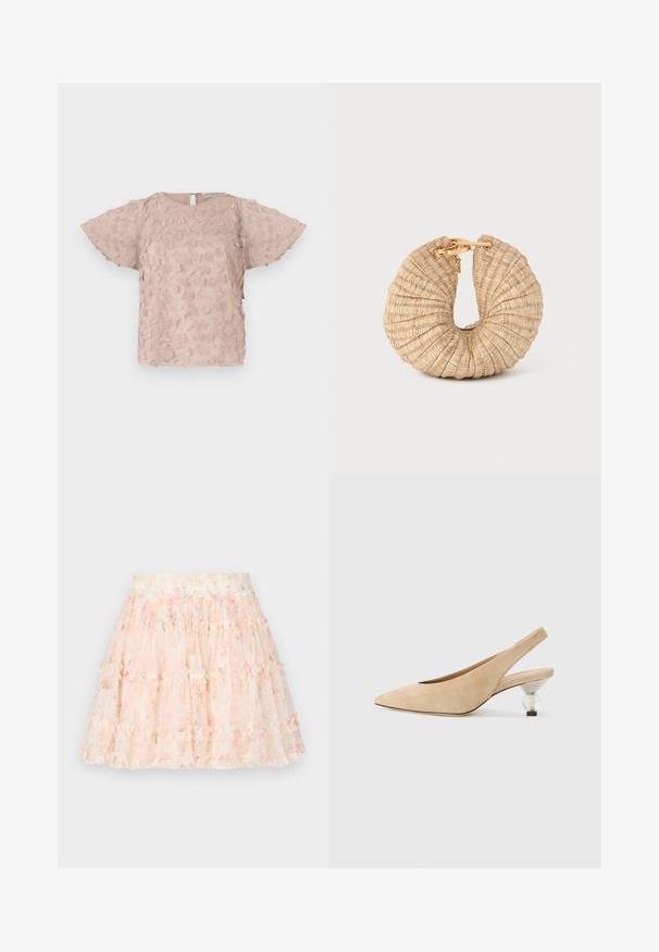 Ružová vyšívaná blúzka s kvetinovými vzormi, krátkymi rozšírenými rukávmi a uzáverom v tvare kľúča na chrbte. Mäkká, textúrovaná tkanina.; Needle & Thread DITSY SMOCKED MICRO MINI SKIRT - Minisukňa - moonshine pink; Béžová semišová slingback obuv s špicatou špičkou a priehľadným, zaobleným podpätkom. Hladká textúra a minimalistický dizajn.; Cult Gaia UBAH - Listová kabelka - wheat