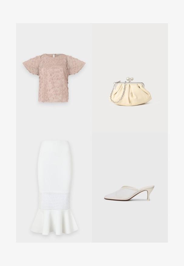 Bluză brodată roz, cu modele florale, mâneci scurte și vaporoase și închidere la spate cu ușă cheie. Țesătură moale și texturată.; Fustă midi albă din stofă ribbed, cu un panou din plasă la tiv și margine evazată. Textură netedă cu decupaje circulare.; Mule alb cu plasă, cu vârf ascuțit, toc subțire de înălțime medie și design slip-on, pe un fundal simplu.; Clutch din piele plisată bej, cu un cadru din metal argintiu, având două închideri decorative rotunde și o curea din lanț argintiu.; Cercei cu tije de ton auriu, având un design inspirat de Saturn, cu o bandă texturată și cristale circulare încorporate pentru un plus de strălucire.