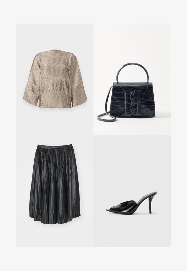 Beige veckad blus med en boxig silhuett, vida ärmar och strukturerad ribbstickning över hela. Slätt tyg med glans.; Svart plisserad kjol i slät läder med elastisk midja, med vertikala linjer och en utsvängd silhuett.; Svarta läder högklackade mule-skor med öppen tå, spetsig design, slät yta och en smal stiletto-häl.; Svart läderhandväska med krokodilprägling, strukturerad design, topphandtag, justerbar rem och en framträdande logotypdetalj på framsidan.