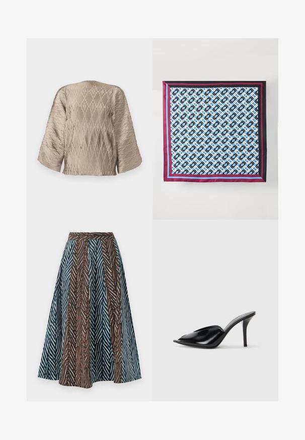 Bež bluzica s plisiranim dizajnom, kutastim siluetom, širokim rukavima i teksturiranim rebrastim uzorkom kroz cijeli materijal. Glatka tkanina s sjajem.; Rjava in modra midi krila z zigzag vzorcem, nabranim dizajnom in prilegajočim se pasom. Narejena iz lahkega materiala.; Črne usnjene mule s visokimi petami, odprto nosilo, bodičast dizajn, gladka tekstura in ozka stiletnica.; Svila ruta s ponavljajočim se modrim in črnim vzorcem na belem ozadju, obrobljena z rdečimi in modrimi črtami ob robovih.