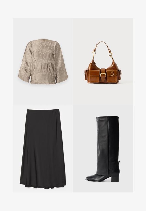 Beige pleated blouse with a boxy silhouette, wide sleeves, and textured ribbing pattern throughout. Smooth fabric with sheen.; Black, knee-length skirt made of smooth fabric; features a flowing design with soft drapes and no visible fasteners.; Black leather knee-high boots with a smooth finish, square toe, block heel, and side tie detail for adjustable fit.; Brown leather handbag with a curved shape, dual gold-tone hardware, two front pockets, and a wide strap. Smooth texture with a sleek finish.