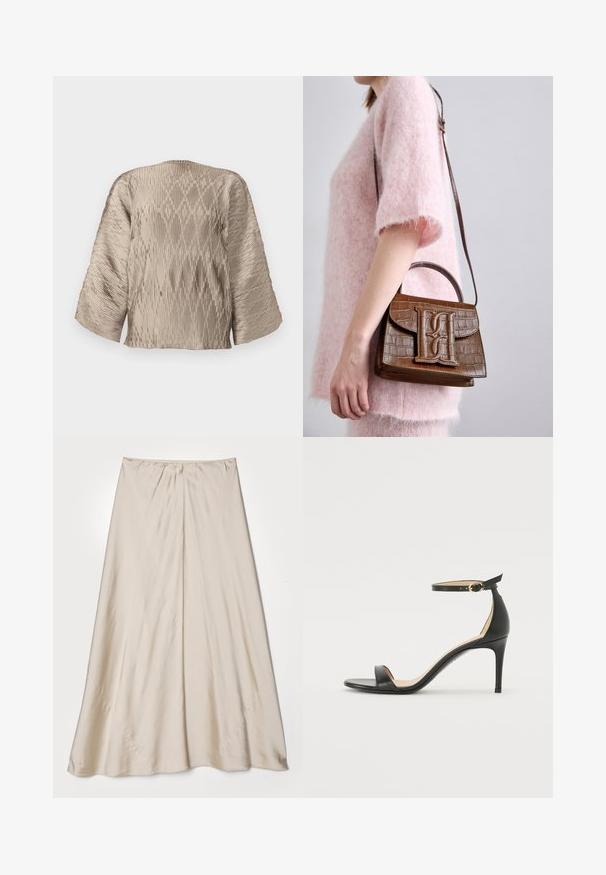 Beige pleated blouse with a boxy silhouette, wide sleeves, and textured ribbing pattern throughout. Smooth fabric with sheen.; Beige, satin skirt with a flared silhouette. Features a gathered waistband and a subtle sheen, with angled seams and a flowy drape.; Black leather high-heeled sandal with an ankle strap. Features a smooth texture, open toe, and a thin heel. Gold-toned buckle detail.; Brown crocodile-embossed handbag with a top handle and shoulder strap. Features a prominent logo on the front flap. Soft texture.