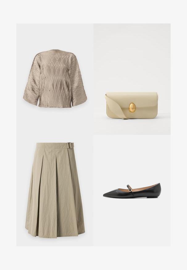 Beež pleated pluus, millel on kastikujuline siluett, laiad varrukad ja tekstuuriga ribakujundus üle kogu pinna. Sile kangas, millel on sära.; Beež plisseeritud seelik siledast materjalist, millel on vöölõng ja A-line kuju, disainitud põlvepikkuse lõikega.; Musthave mustanahkased balletkingad terava varbaga ja külgrihmaga, millel on ümmargune kuldne aksessuaar. Kerged ja tasase tallaga.; Beež nahast käekott, millel on sile tekstuur, ristküliku kujuline ja kuldne ovaalne lukustus. Omab pikka, reguleeritavat rihma.